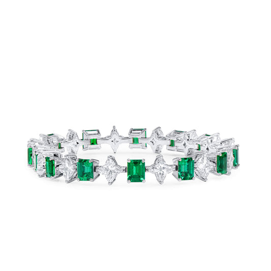 18K White Gold Statement Bracelet With 7.96 TCW Emerald Shape Natural Emerald, C.DUNAIGRE Certified