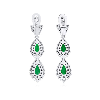 18K White Gold Statement Earrings With 10.61 TCW Pear Shape Natural Emerald, C.DUNAIGRE Certified