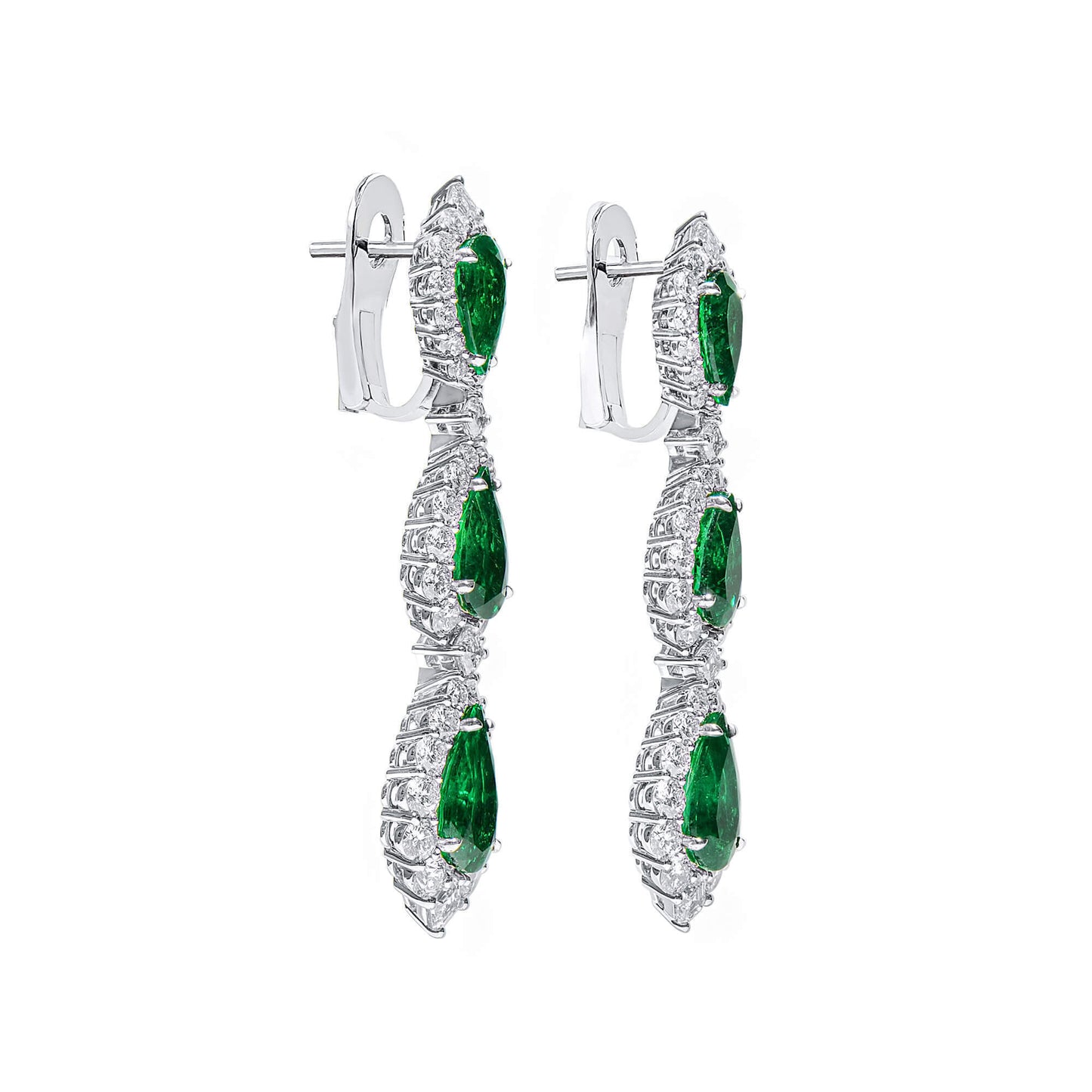 18K White Gold Statement Earrings With 10.61 TCW Pear Shape Natural Emerald, C.DUNAIGRE Certified