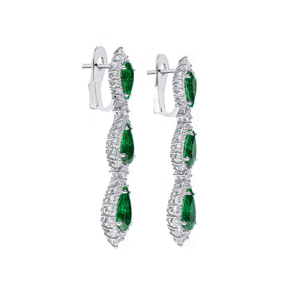 18K White Gold Statement Earrings With 10.61 TCW Pear Shape Natural Emerald, C.DUNAIGRE Certified