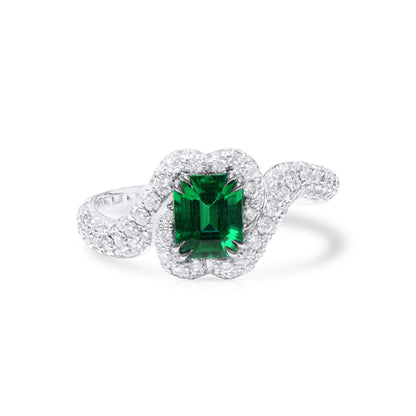 18K White Gold Statement Ring With 1.00 TCW Octagonal Shape Natural Emerald, GRS Certified