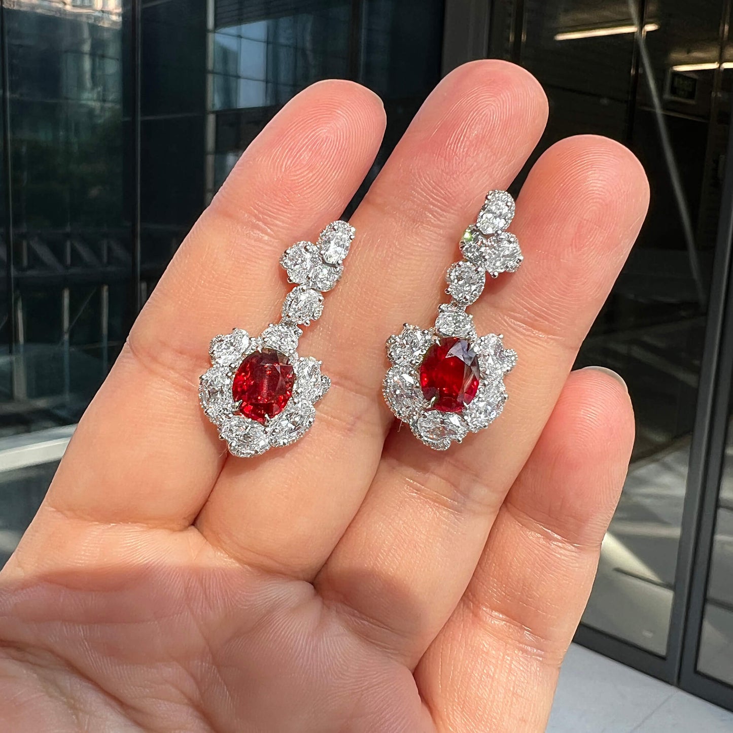 18K White Gold Statement Earrings With 6.10 TCW Oval Shape Natural Ruby, GRS Certified