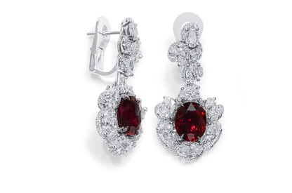 18K White Gold Statement Earrings With 6.10 TCW Oval Shape Natural Ruby, GRS Certified