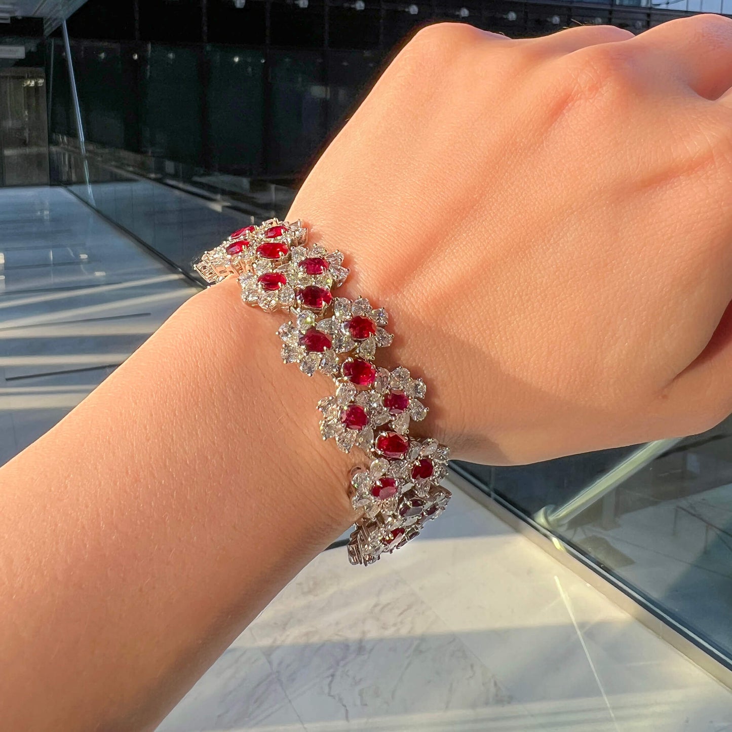 18K White Gold Statement Bracelet With 17.84 TCW Oval Shape Natural Ruby, BELLEROPHON Certified