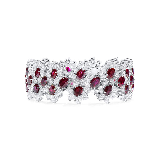 18K White Gold Statement Bracelet With 17.84 TCW Oval Shape Natural Ruby, BELLEROPHON Certified