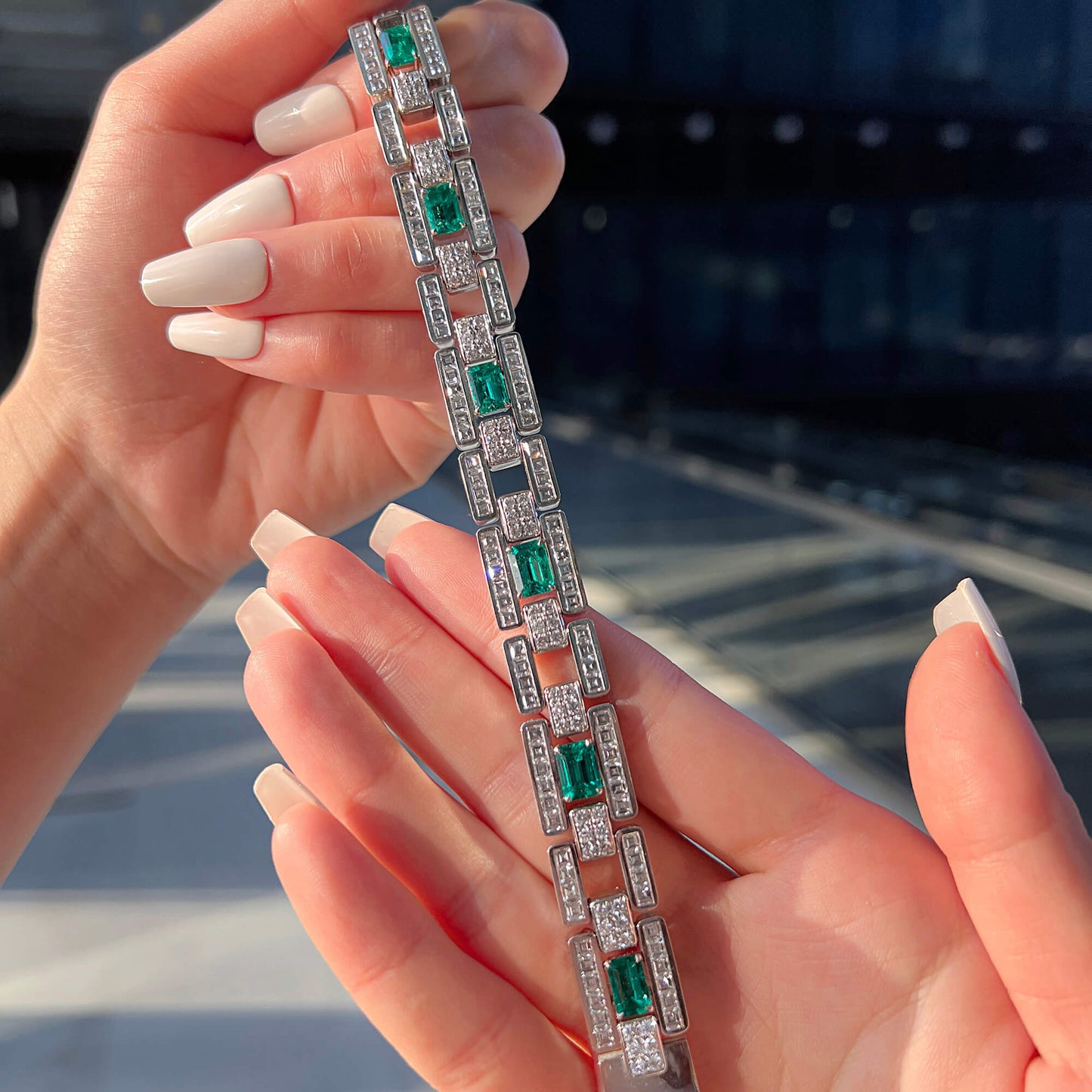 18K White Gold Statement Bracelet With 5.03 TCW Emerald Shape Natural Emerald, GRS Certified