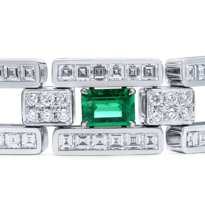 18K White Gold Statement Bracelet With 5.03 TCW Emerald Shape Natural Emerald, GRS Certified