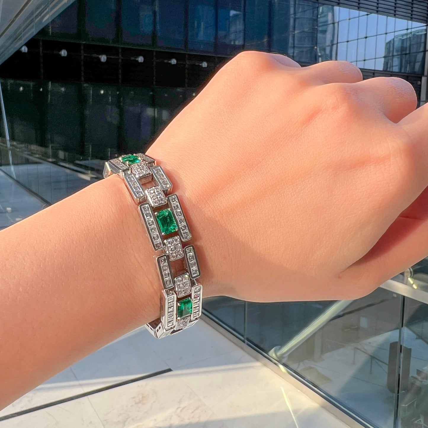 18K White Gold Statement Bracelet With 5.03 TCW Emerald Shape Natural Emerald, GRS Certified