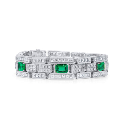 18K White Gold Statement Bracelet With 5.03 TCW Emerald Shape Natural Emerald, GRS Certified
