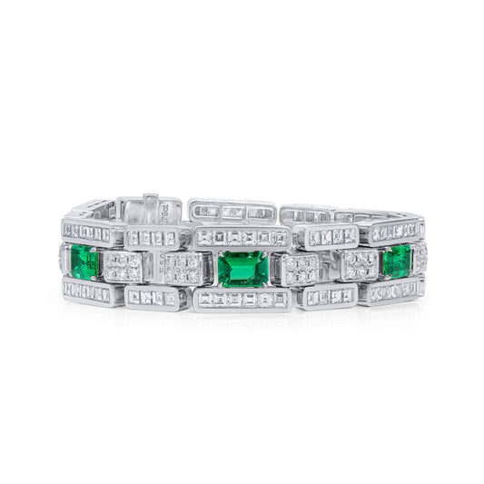 18K White Gold Statement Bracelet With 5.03 TCW Emerald Shape Natural Emerald, GRS Certified