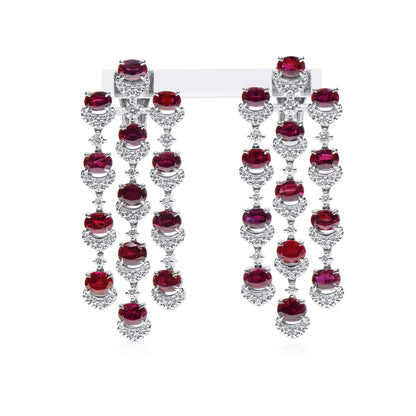 18K White Gold Statement Earrings With 9.25 TCW Oval Shape Natural Ruby, BELLEROPHON Certified
