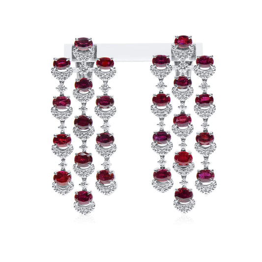 18K White Gold Statement Earrings With 9.25 TCW Oval Shape Natural Ruby, BELLEROPHON Certified