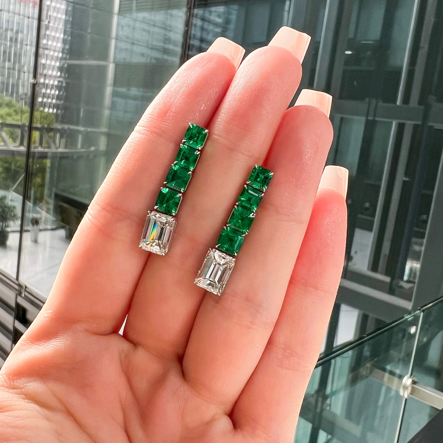 18K White Gold Statement Earrings With 4.02 TCW Emerald Shape Natural Diamond, GIA Certified