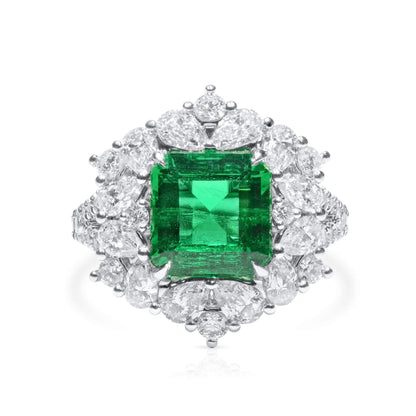 18K White Gold Statement Ring With 2.64 TCW Cushion Shape Natural Emerald, GRS Certified