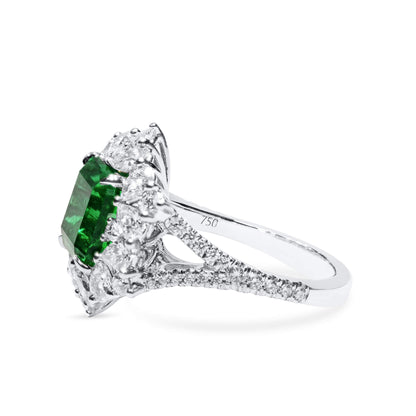 18K White Gold Statement Ring With 2.64 TCW Cushion Shape Natural Emerald, GRS Certified