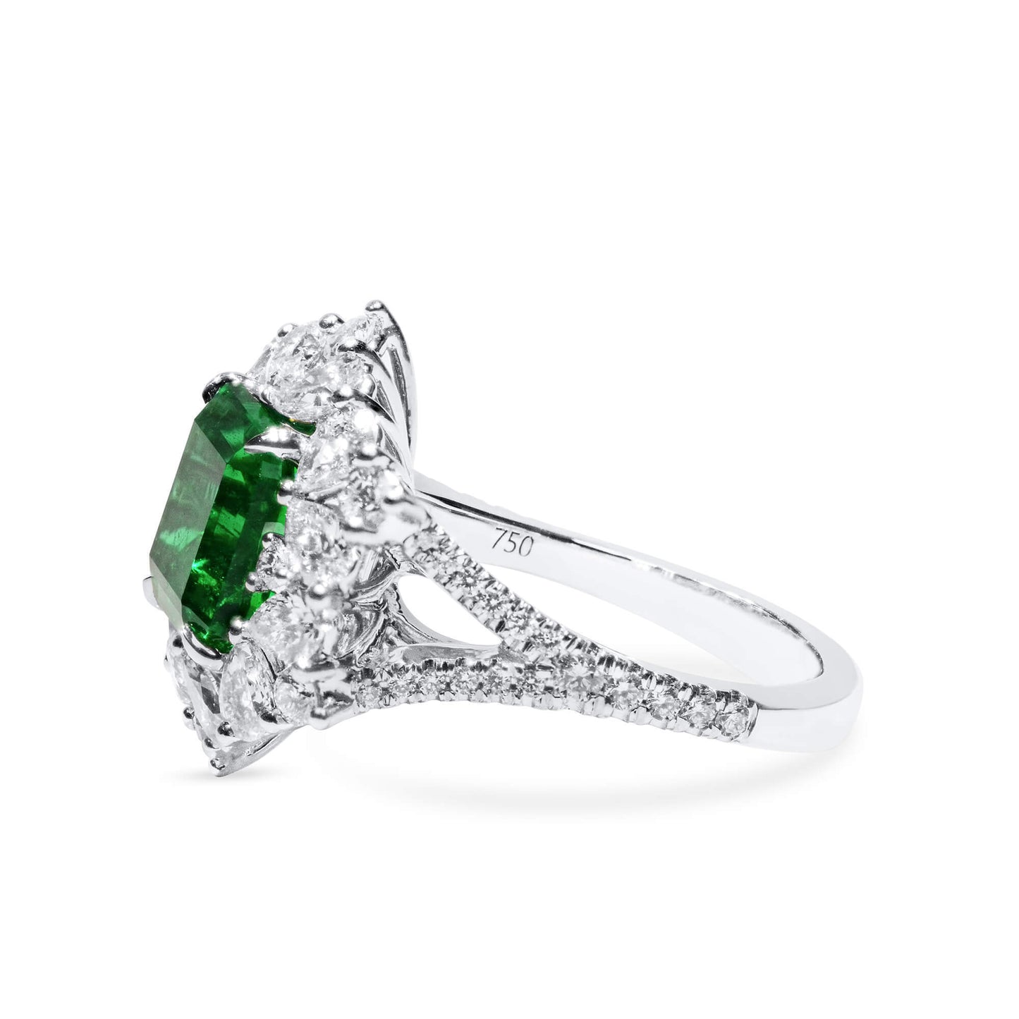 18K White Gold Statement Ring With 2.64 TCW Cushion Shape Natural Emerald, GRS Certified