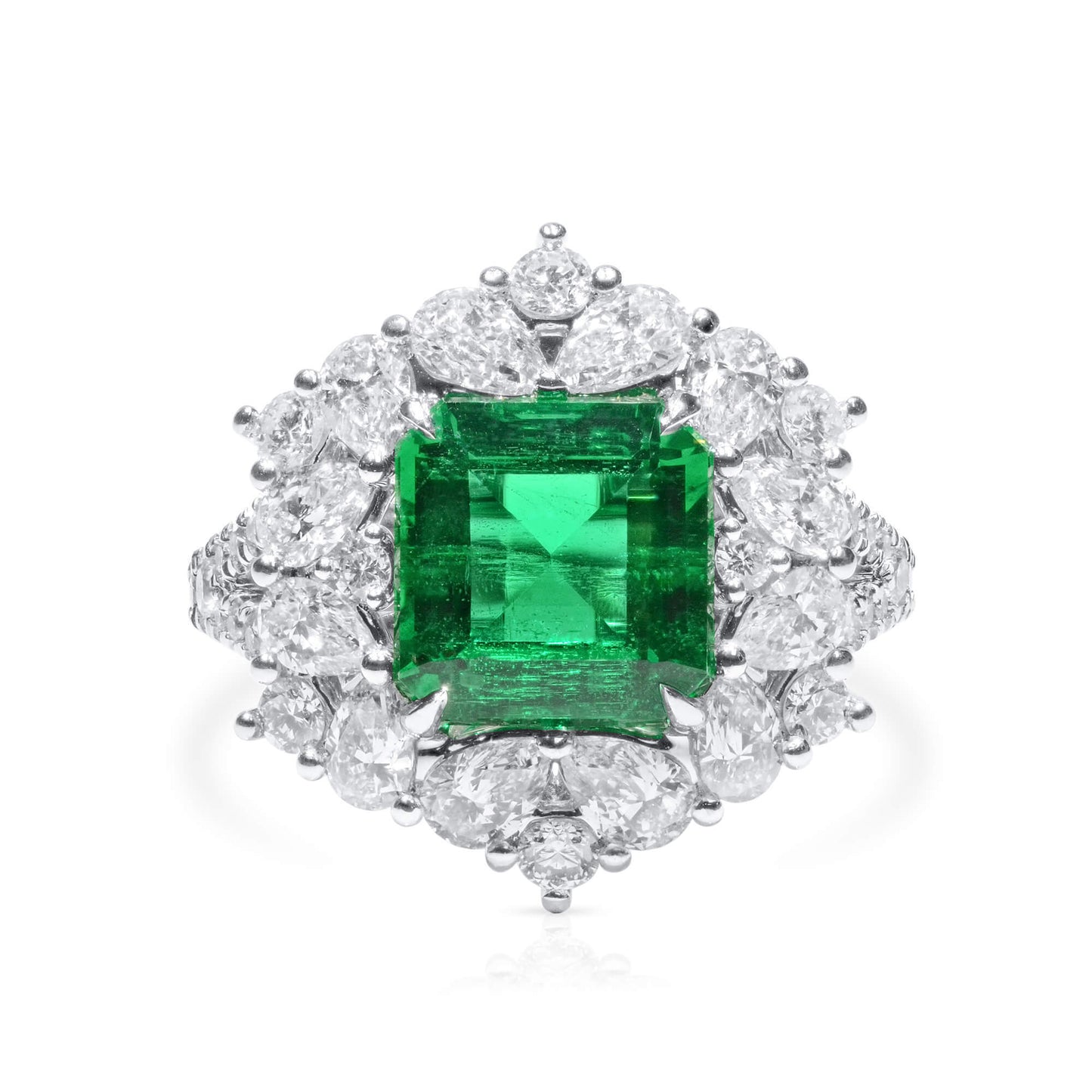 18K White Gold Statement Ring With 2.64 TCW Cushion Shape Natural Emerald, GRS Certified