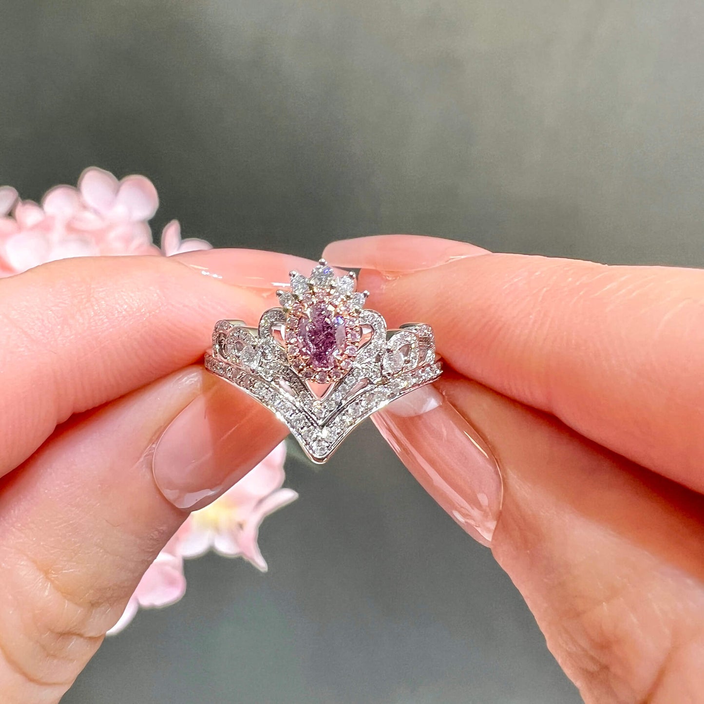 18K White & Rose Gold Statement Ring With 0.30 TCW Pink Oval Shape Natural Diamond, GIA Certified