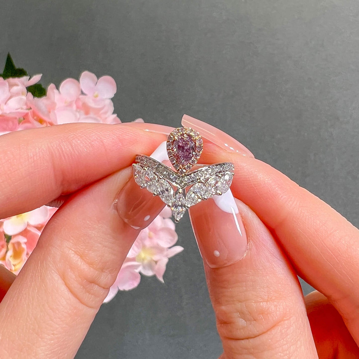 18K White Gold Statement Ring With 0.39 TCW Pink Pear Shape Natural Diamond, GIA Certified
