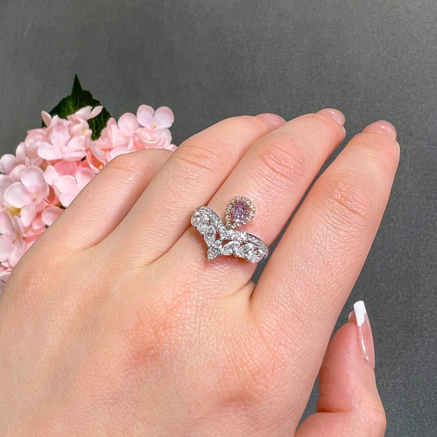 18K White Gold Statement Ring With 0.39 TCW Pink Pear Shape Natural Diamond, GIA Certified