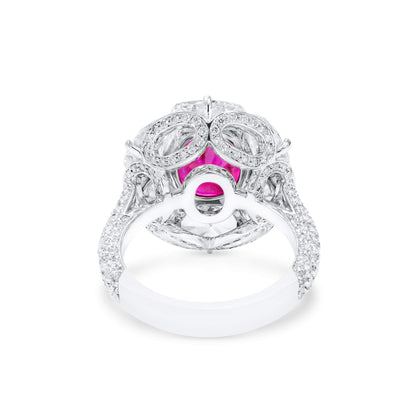 18K White Gold Statement Ring With 4.02 TCW Cushion Shape Natural Ruby, GRS Certified