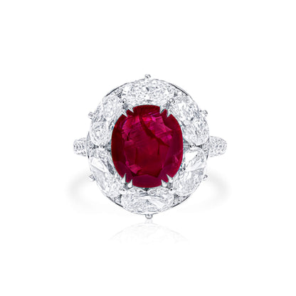 18K White Gold Statement Ring With 4.02 TCW Cushion Shape Natural Ruby, GRS Certified