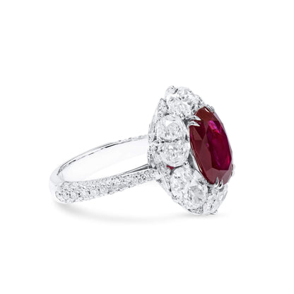 18K White Gold Statement Ring With 4.02 TCW Cushion Shape Natural Ruby, GRS Certified