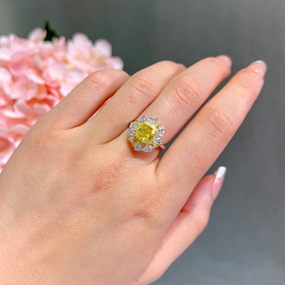 18K White & Yellow Gold Statement Ring With 2.03 TCW Yellow Cushion Shape Natural Diamond, GIA Certified