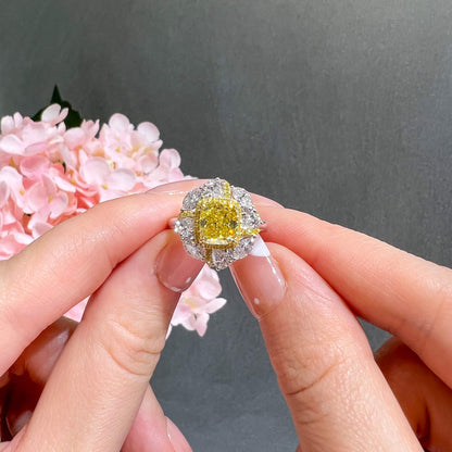 18K White & Yellow Gold Statement Ring With 2.03 TCW Yellow Cushion Shape Natural Diamond, GIA Certified