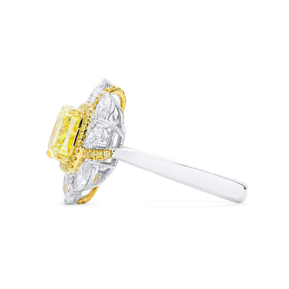 18K White & Yellow Gold Statement Ring With 2.03 TCW Yellow Cushion Shape Natural Diamond, GIA Certified