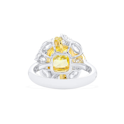 18K White & Yellow Gold Statement Ring With 2.03 TCW Yellow Cushion Shape Natural Diamond, GIA Certified