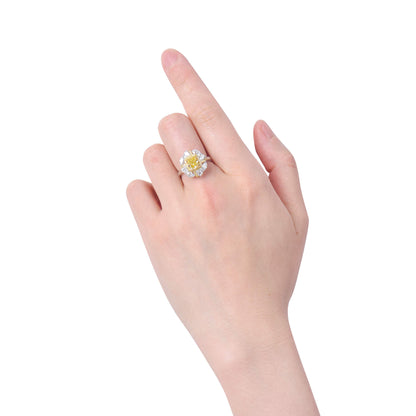 18K White & Yellow Gold Statement Ring With 2.03 TCW Yellow Cushion Shape Natural Diamond, GIA Certified