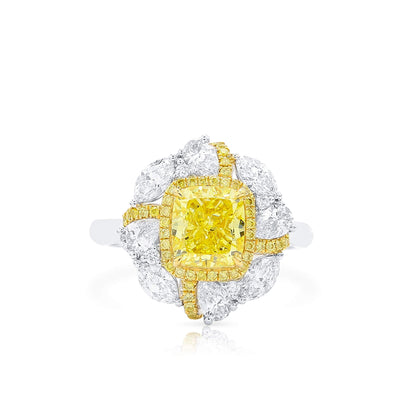 18K White & Yellow Gold Statement Ring With 2.03 TCW Yellow Cushion Shape Natural Diamond, GIA Certified