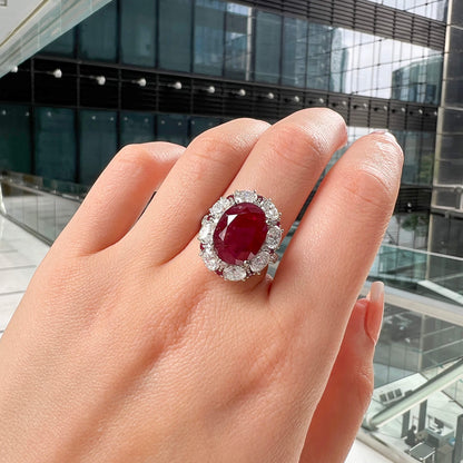 18K White Gold Statement Ring With 9.23 TCW Oval Shape Natural Ruby, SSEF Certified