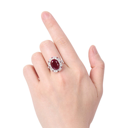 18K White Gold Statement Ring With 9.23 TCW Oval Shape Natural Ruby, SSEF Certified