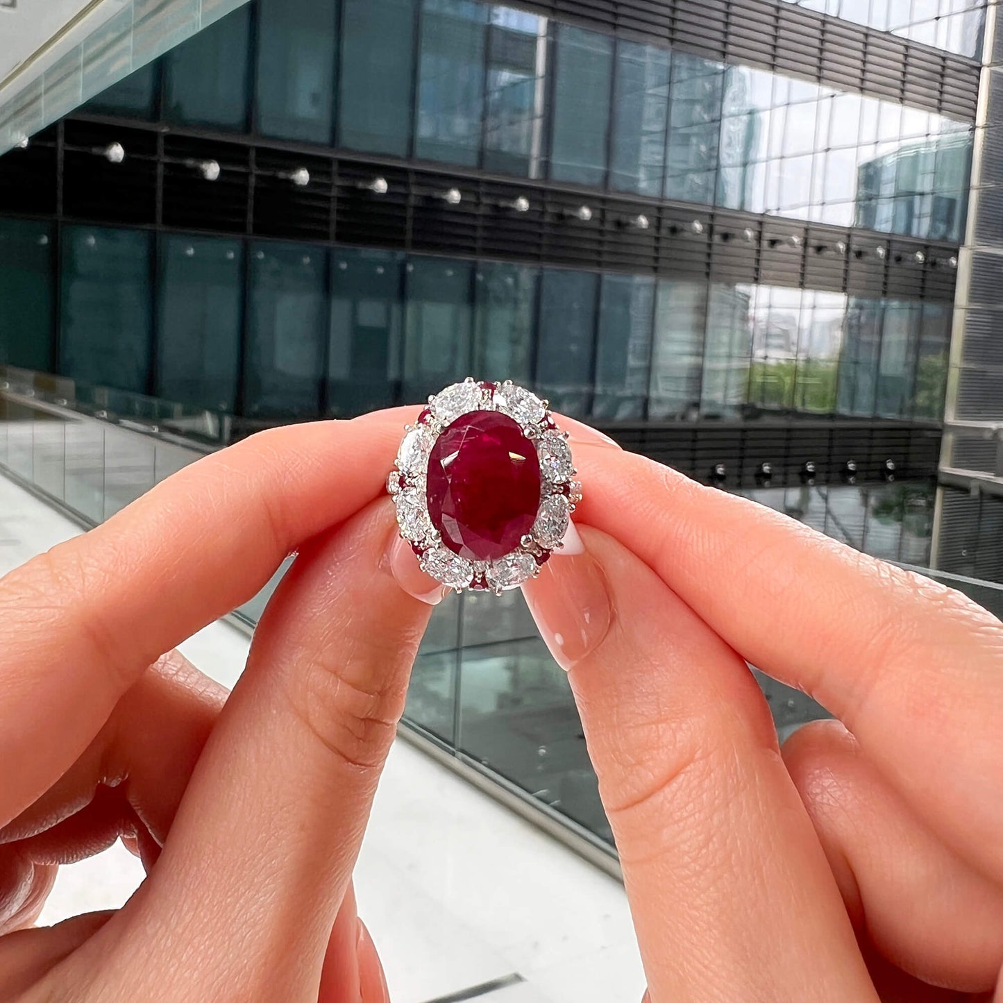 18K White Gold Statement Ring With 9.23 TCW Oval Shape Natural Ruby, SSEF Certified