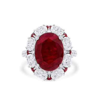18K White Gold Statement Ring With 9.23 TCW Oval Shape Natural Ruby, SSEF Certified