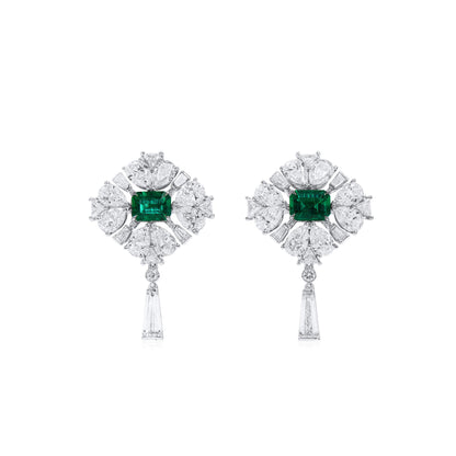 18K White Gold Statement Earrings With 1.92 TCW Octagonal Shape Natural Emerald, GRS Certified