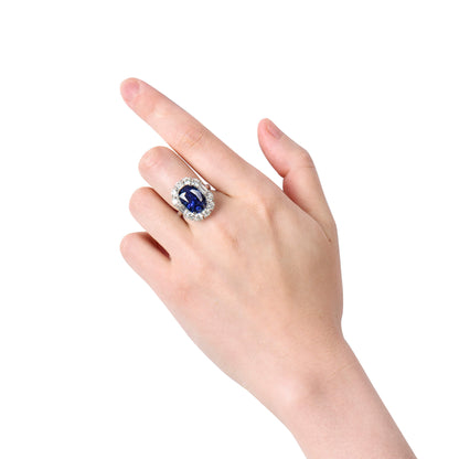 18K White Gold Statement Ring With 9.84 TCW Oval Shape Natural Sapphire, GRS Certified