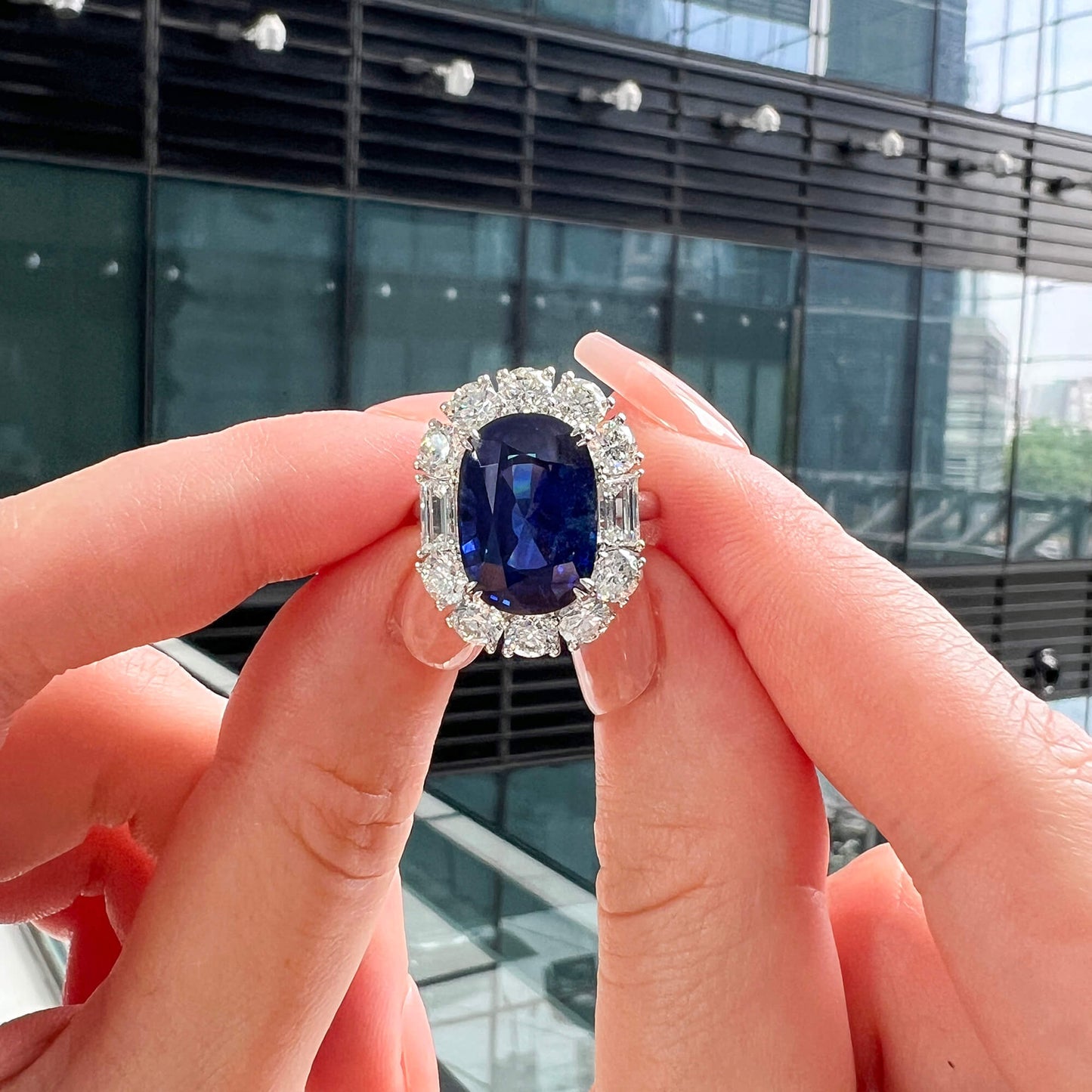 18K White Gold Statement Ring With 9.84 TCW Oval Shape Natural Sapphire, GRS Certified