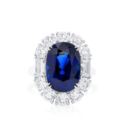 18K White Gold Statement Ring With 9.84 TCW Oval Shape Natural Sapphire, GRS Certified