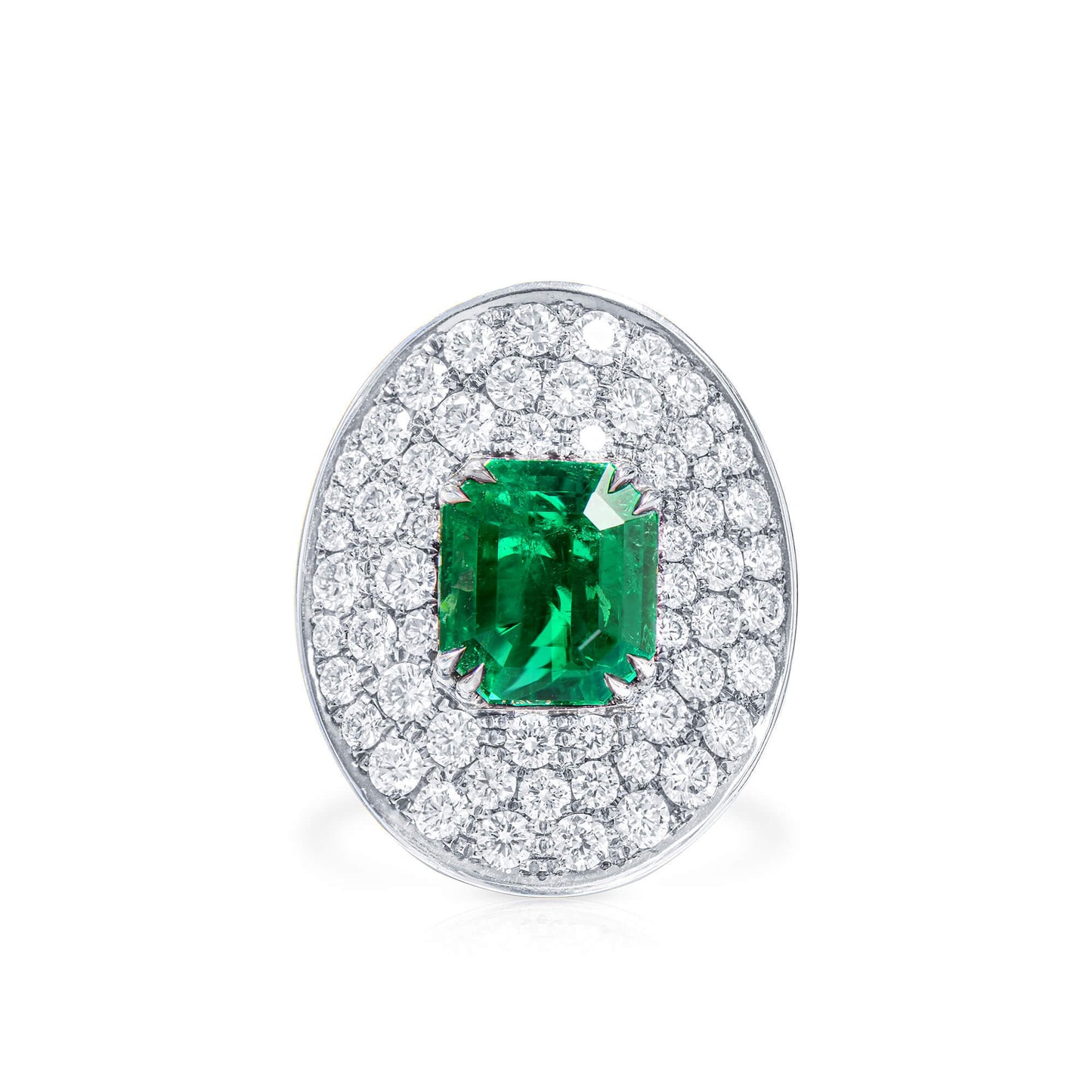 18K White Gold Statement Ring With 3.17 TCW Emerald Shape Natural Emerald, GRS Certified