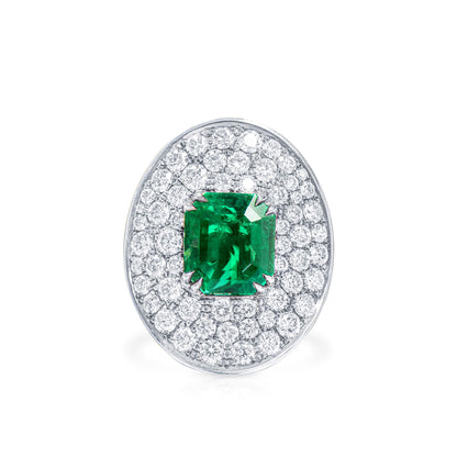 18K White Gold Statement Ring With 3.17 TCW Emerald Shape Natural Emerald, GRS Certified