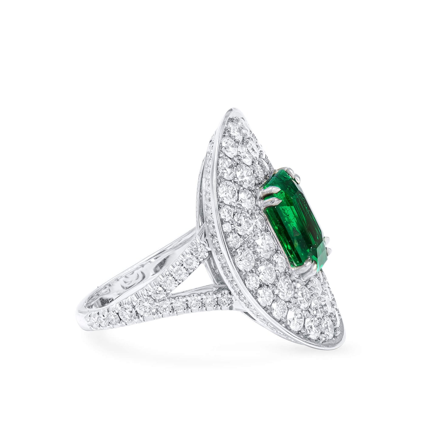 18K White Gold Statement Ring With 3.17 TCW Emerald Shape Natural Emerald, GRS Certified