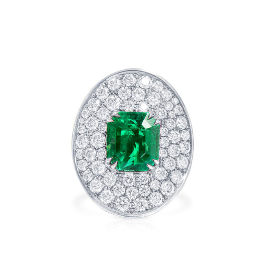 18K White Gold Statement Ring With 3.17 TCW Emerald Shape Natural Emerald, GRS Certified