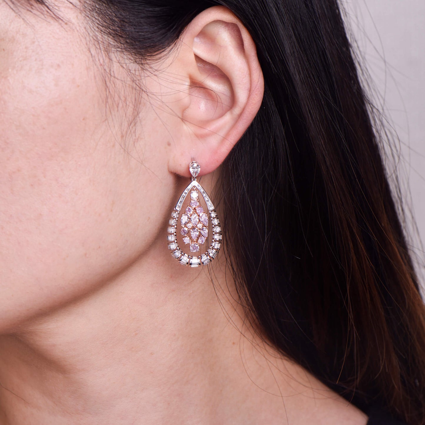 18K White & Rose Gold Statement Earrings With 3.11 TCW Pink Mix Shape Natural Diamond, EG_LAB Certified