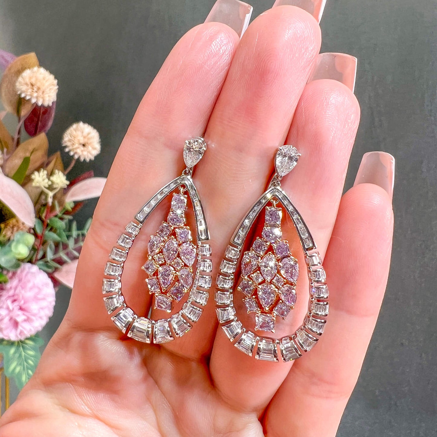 18K White & Rose Gold Statement Earrings With 3.11 TCW Pink Mix Shape Natural Diamond, EG_LAB Certified