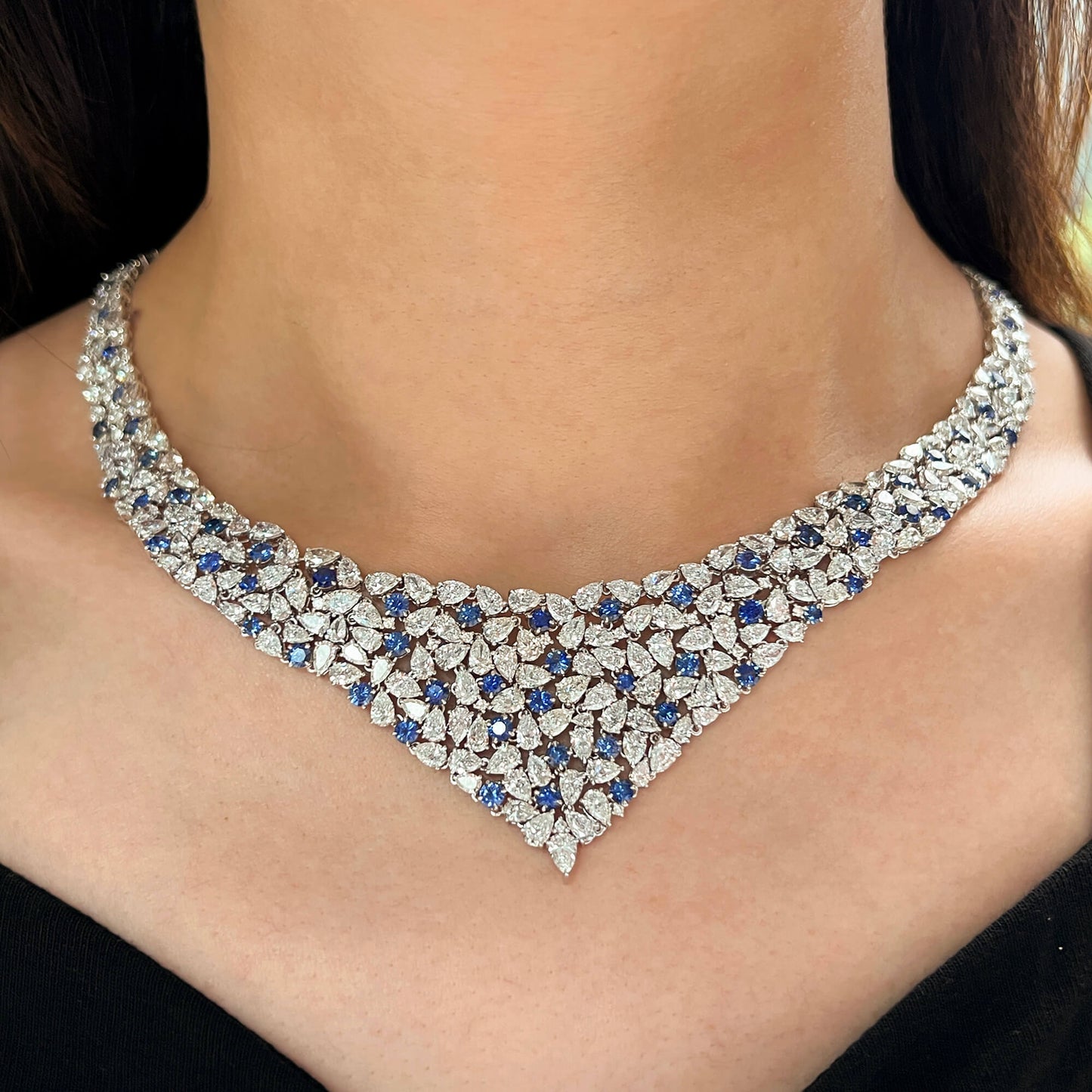18K White Gold Statement Necklace With 11.70 TCW Round Shape Natural Sapphire, EG_LAB Certified