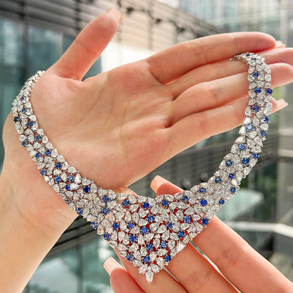 18K White Gold Statement Necklace With 11.70 TCW Round Shape Natural Sapphire, EG_LAB Certified