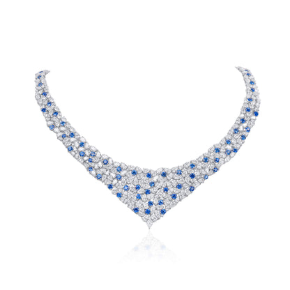 18K White Gold Statement Necklace With 11.70 TCW Round Shape Natural Sapphire, EG_LAB Certified